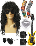 80s Costumes for Men Black Rocker Wig with Bandana Sunglasses Punk Gloves Sleeves for 70s Hippie Party Accessories