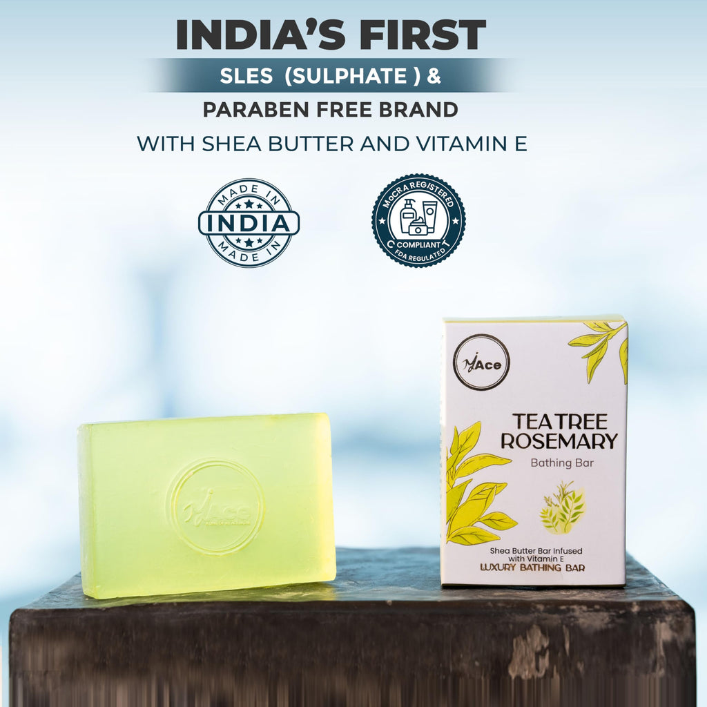 MY ACE Tea Tree & Rosemary Bathing Bar Soap for Men & Women - Handmade with Essential Oil, Coconut Oil, Shea Butter & Vitamin E for Skin Cleansing, Moisturizing - SLES Free - For Face, Hair, Body Wash