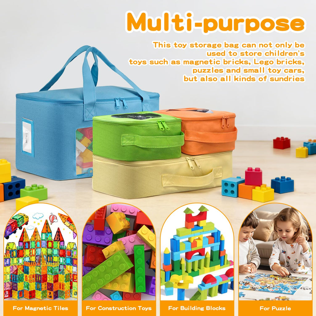 BOHEMIABY 4 PCS Visible Magnetic Tiles Storage Bags, Toy Storage Bags with Label for Home School, Carrying Case for Building Bricks, Puzzle, Board Games, Toy Car and Other