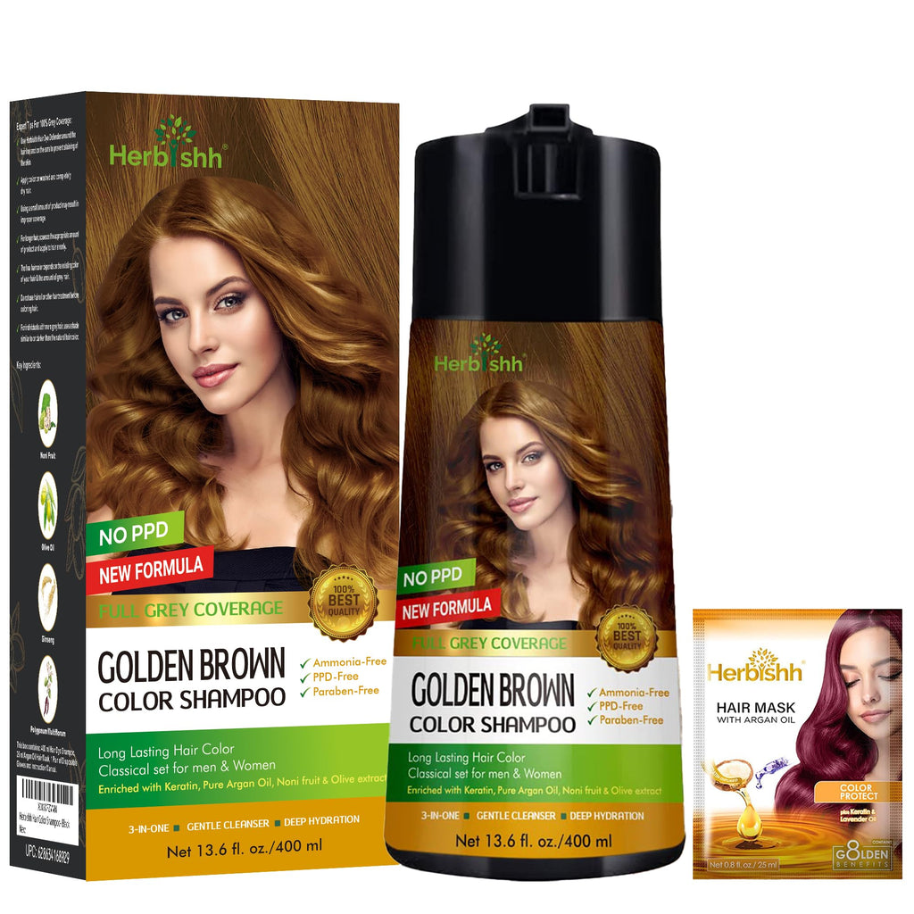 Herbishh Color Enriched Shampoo for Gray Hair - Long Lasting Hair Dye Formula and Conditioner (Golden Brown)