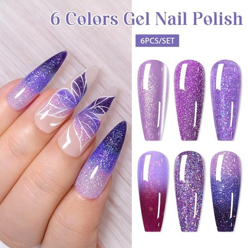 MEET ACROSS Gel Nail Polish Set 6 Pcs Glitter Colors Gel Nail Kit Art Design Soak Off UV LED (SET-12, 6pcs)