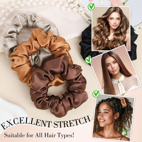 4 Pack Mulberry Silk Scrunchies, Brown Silk Hair Ties for Hair Sleep No Damag Satin Scrunchies Gifts for Mom Wife
