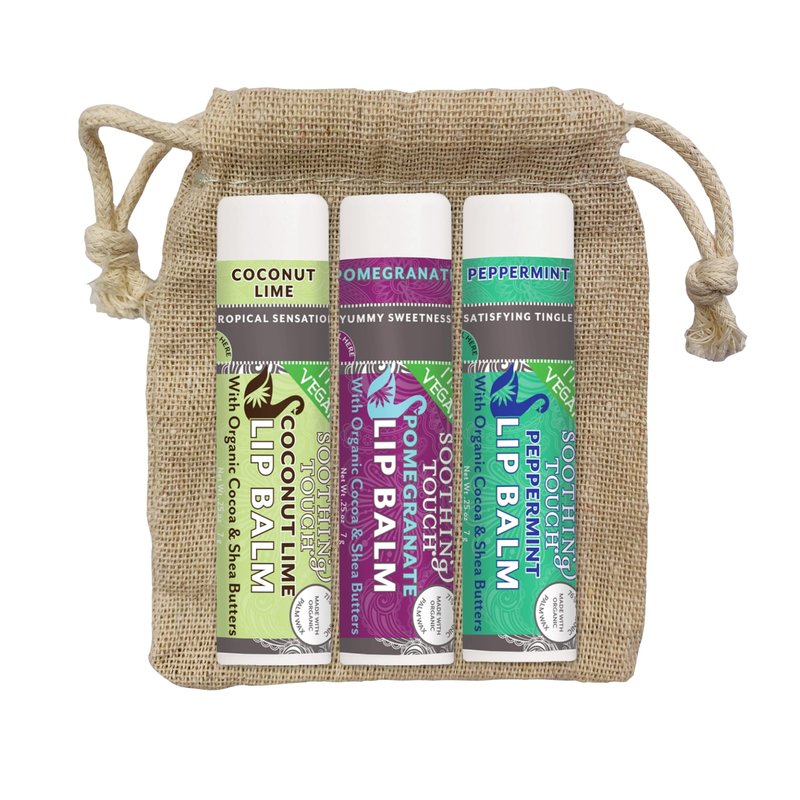 Vegan Lip Balm Set - Variety Pack of 3 Soothing Touch Lip Balms. Large 0.25 oz size. Includes Bonus Muslin Pouch (3 x 4 in) Unique Gift Bundle from Tiny Seed (Coconut Lime, Pomegranate, Peppermint)
