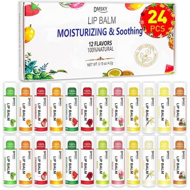 DMSKY Lip Balm Bulk - Moisturizing Coconut Oil & Vitamin E for Dry Lips | 24 Pack with 12 Flavors