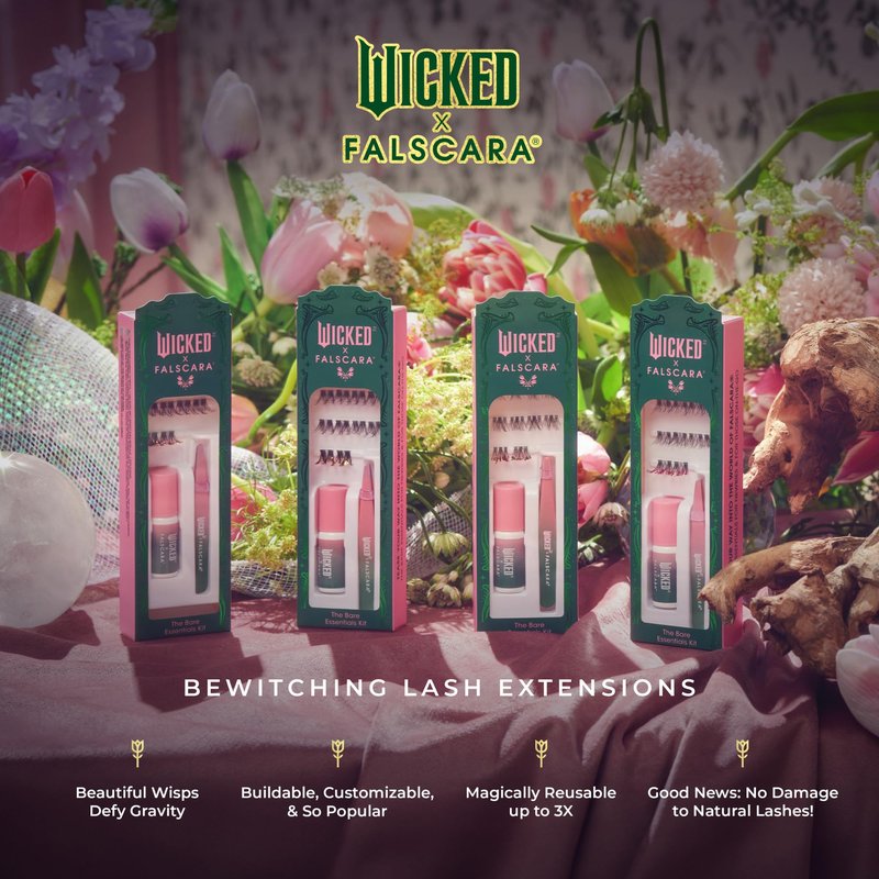 WICKED X FALSCARA False Eyelashes, Lash Extension Kit, ‘Shimmering Shine’, 10 Lash Clusters, 8mm-10mm, Natural Volume, Blue Glitter, Mini Bond, Green & Pink Mini Applicator