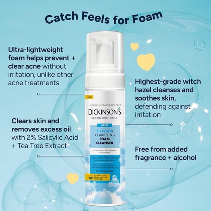 Dickinson’s Witch Hazel Acne Foam Cleanser - 2% Salicylic Acid & Niacinamide | Alcohol-Free Daily Face Wash | 7 Fl Oz