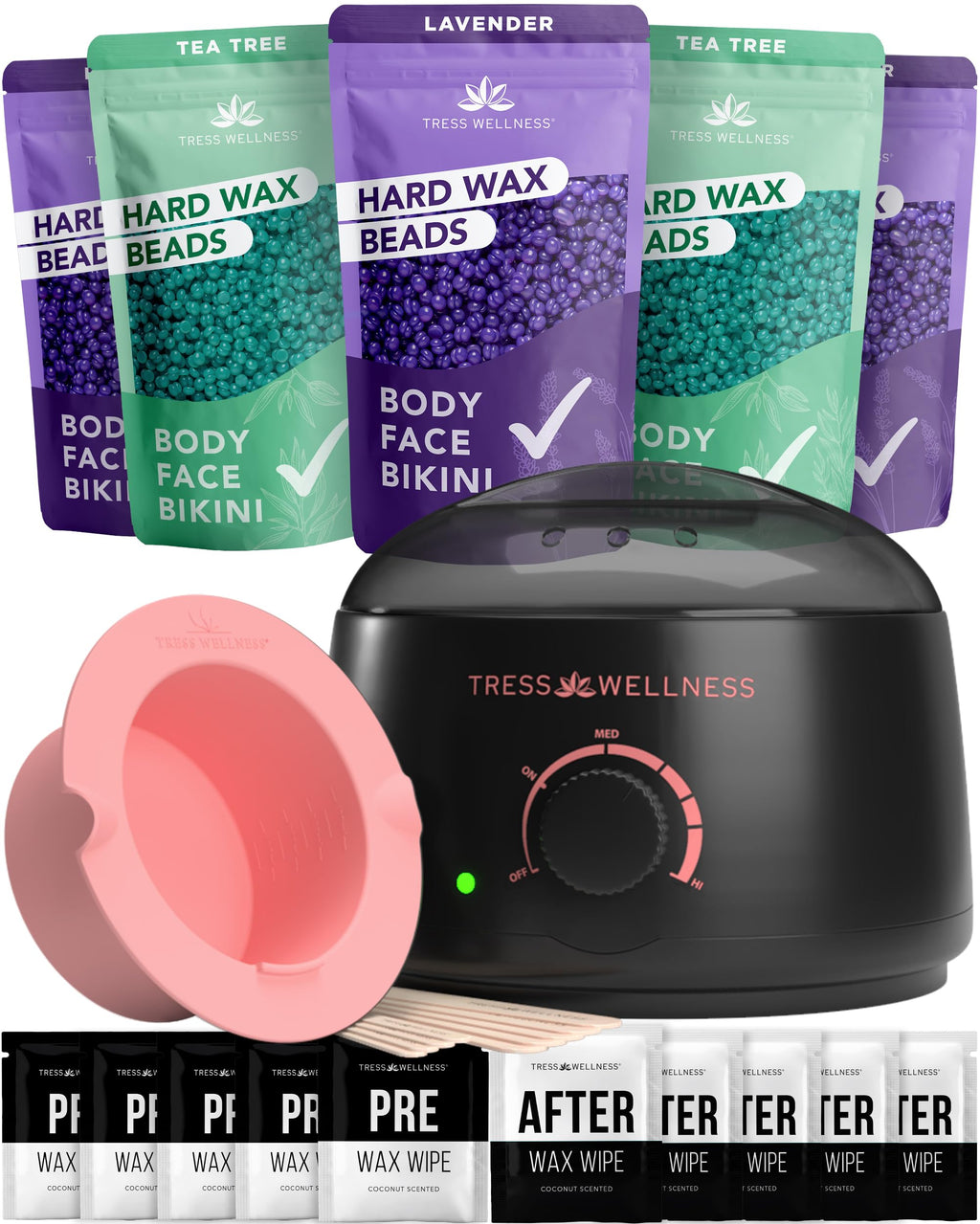 Tress Wellness Award Winning Waxing Kit for Sensitive Skin – Safe for Face & Skin, Easy to Use – At-Home Kit for Face, Bikini, Brazilian & Full Body - Midnight Rose, No Display