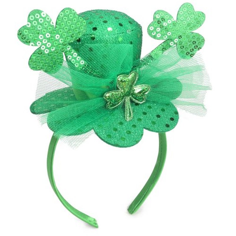 Needzo Little Top Hat St. Patrick's Sequin Headband, Green Hair Accessory With Clovers and Tulle for Holidays and Themed Parties, One Size Fits Most (Top Hat with Clovers and Tulle)