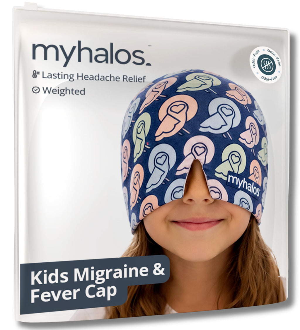 MyHalos® Children's Migraine Relief Cap - Kids Headache Relief for Fever, Bumps & Bruises - Cooling Gel Headache Ice Pack - Ice Pack Hat for Boo Boos - Cold Head Wrap (Multicolor)