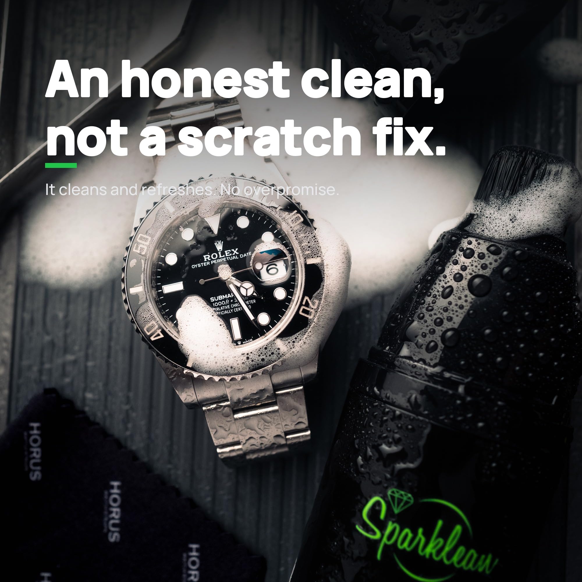 Sparklean SparkBrush Watch Cleaning Brush + Diamond Ring Cleaning Kit · Pre-Filled Solution · 200+ Cleans · Ammonia-Free pH-Balanced · Steel Gold Ceramic Titanium Rubber · Made in USA Since 2003
