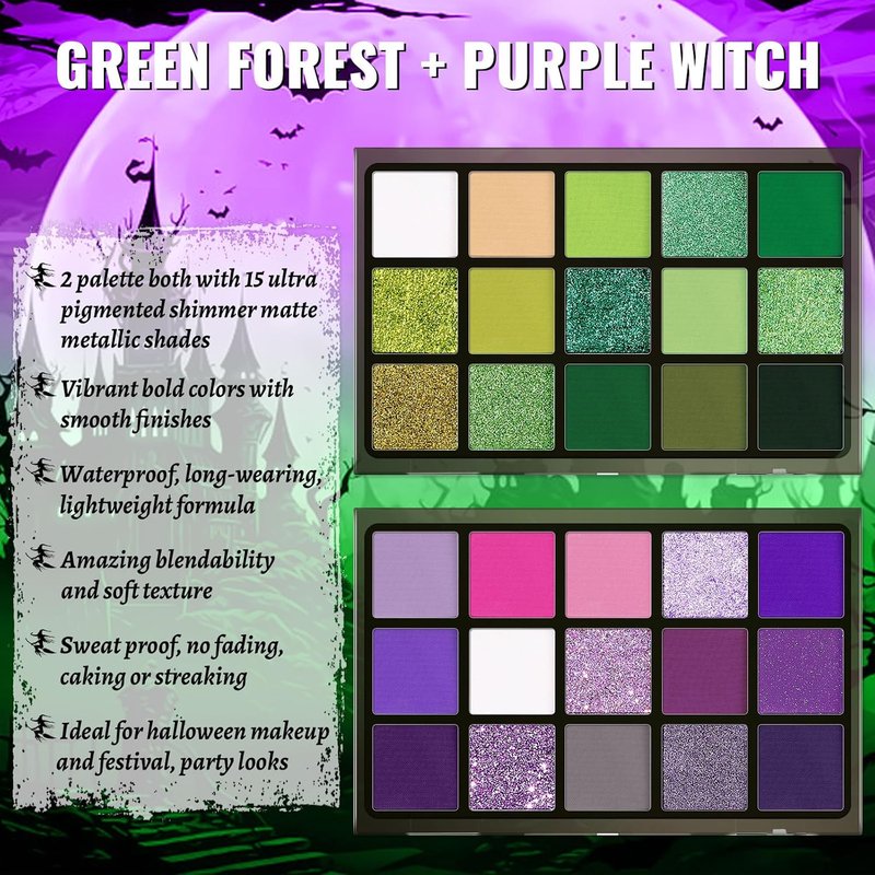 UCANBE Eyeshadow Palette Set - 2pcs Green & Purple Shimmer Matte Eye Shadows with Soft Brush for Halloween Cosplay