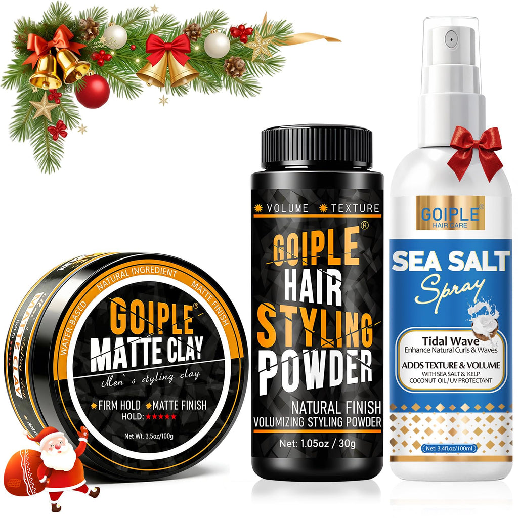 Matte Clay Firm Hold Hair Clay for Men Water Based & Hair Styling Powder for Natural Finish Volumizing & Texturizing Hair Powder & Sea Salt Spray for All Hair Adds Instant Thickness Light Hold (3PCS)