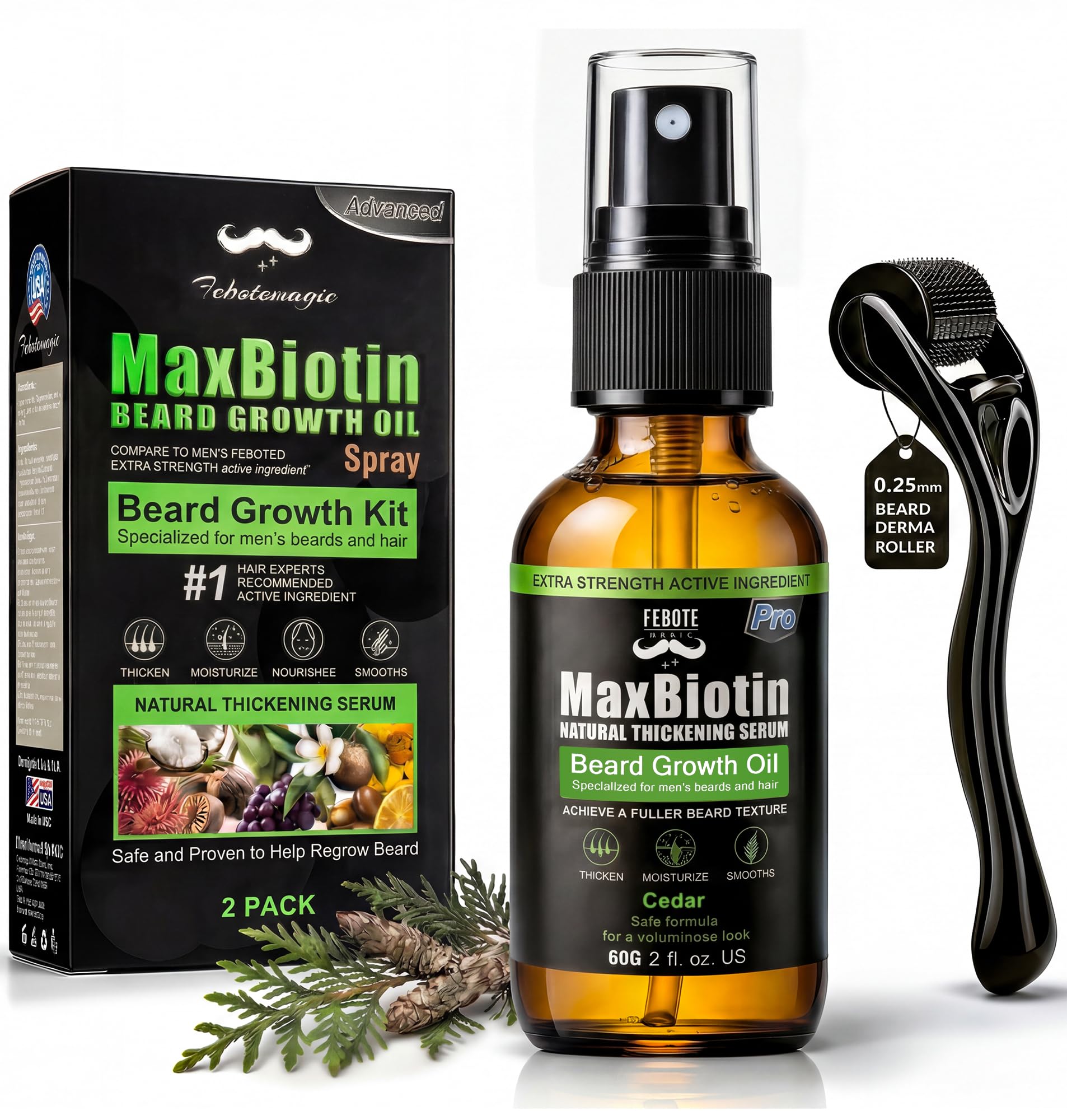 FEBOTE Patchy Beard Growth Kit for Men - Thickening Spray with Biotin & Castor Oil + Derma Roller - Cedar Beard Serum for Thicker Fuller Facial Hair - Natural Grooming Gift Set for Him