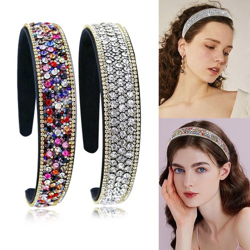 SHEHARUHI 2 Pieces Gorgeous Rhinestone Headbands Fashion Hair Accessories Glitter Sparkly Crystal Diamond Headbands for Girls Women(Silver, Rainbow)