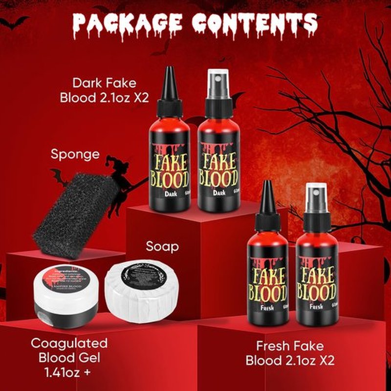 JAYUWE 7 PCS Halloween Fake Blood Spray Makeup Kit - Fake Blood 2.1oz X4 + Coagulated Blood Gel 1.41oz + Soap + Sponge, Washable Blood Paint for Clothes SFX Makeup Vampire Accessories, Dark & Fresh