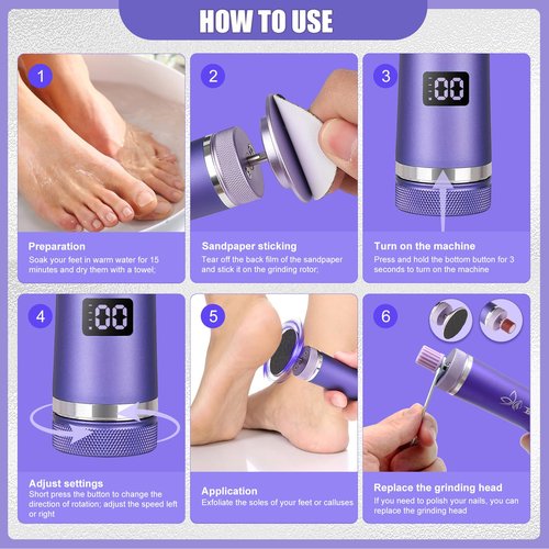 Electric Callus Remover for Feet, Cordless Foot File Pedicure Tool, Foot Sander Nail Grinder with 60+10PCS Sandpapers for Dead Skin Dry Calluses, 3 in 1 Foot Scrubber & Nail File (Purple)