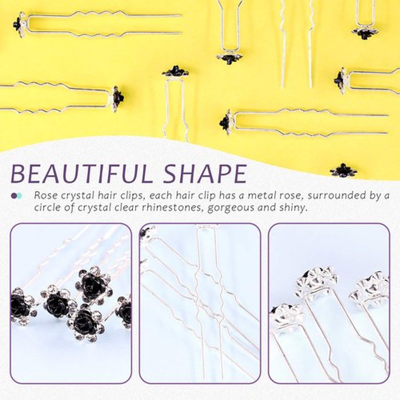 Swpeet 40Pcs Black U-Shaped Crystal Hair Pins Rose Flower Rhinestone Hair Clips Hair Accessories for Bridal Wedding Women Hair Jewelry Accessories, with Storage Bag