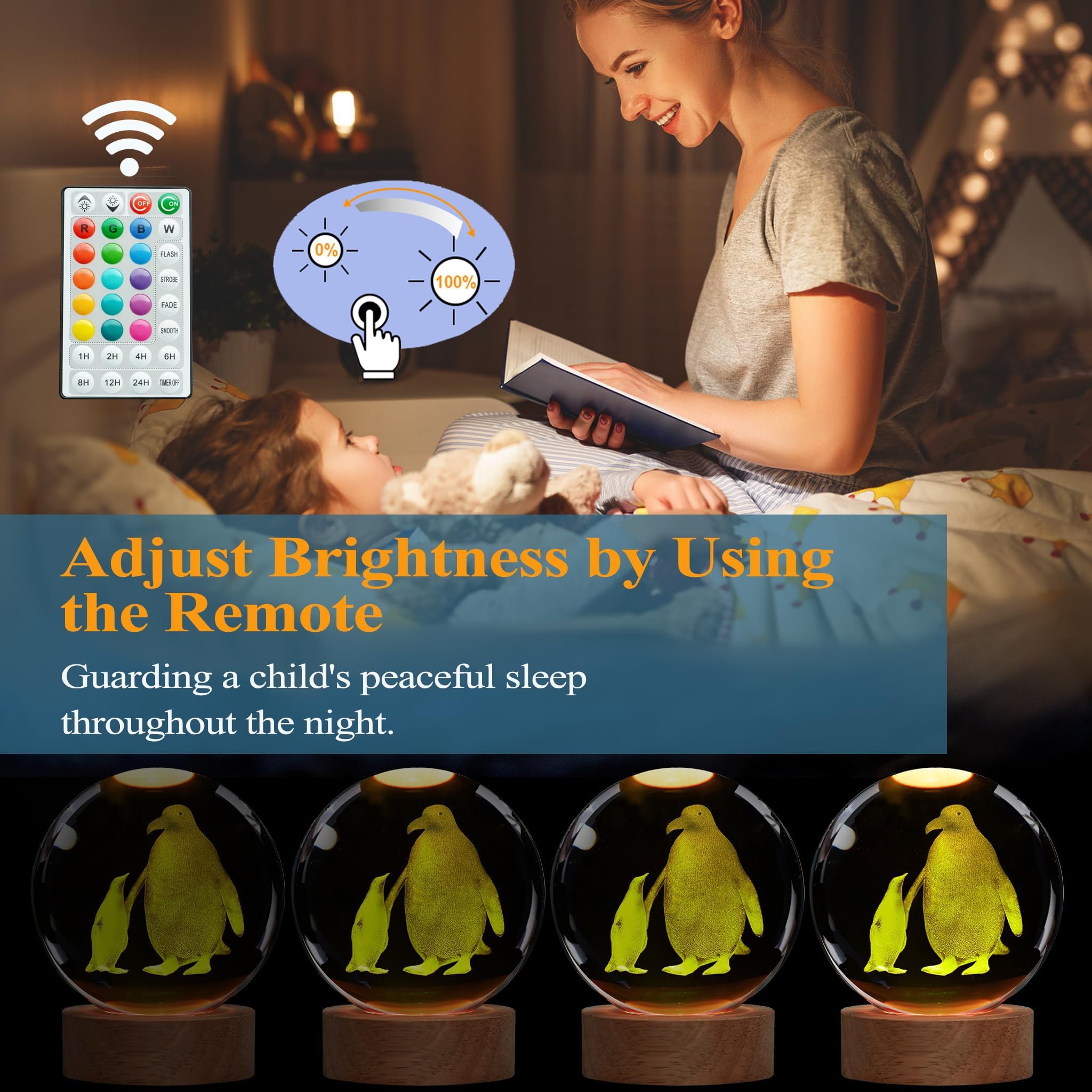 POSSHE Penguin Night Light, Penguin Gifts, K9 3.15 Inch (80mm) Crystal Ball Night Light with 16 Colors Remote Upgraded Lamp for Birthday Xmas Cool Animal Figurines Gifts for Room Decor Boys Girls