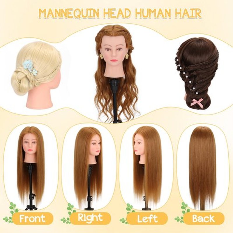 Mannequin Head with 80% Human Hair 26-28’’,Cosmetology Mannequin Practice Head with Human Hair, Doll Head for Braiding Hairstyling Cutting with Clamp Holder and Tools