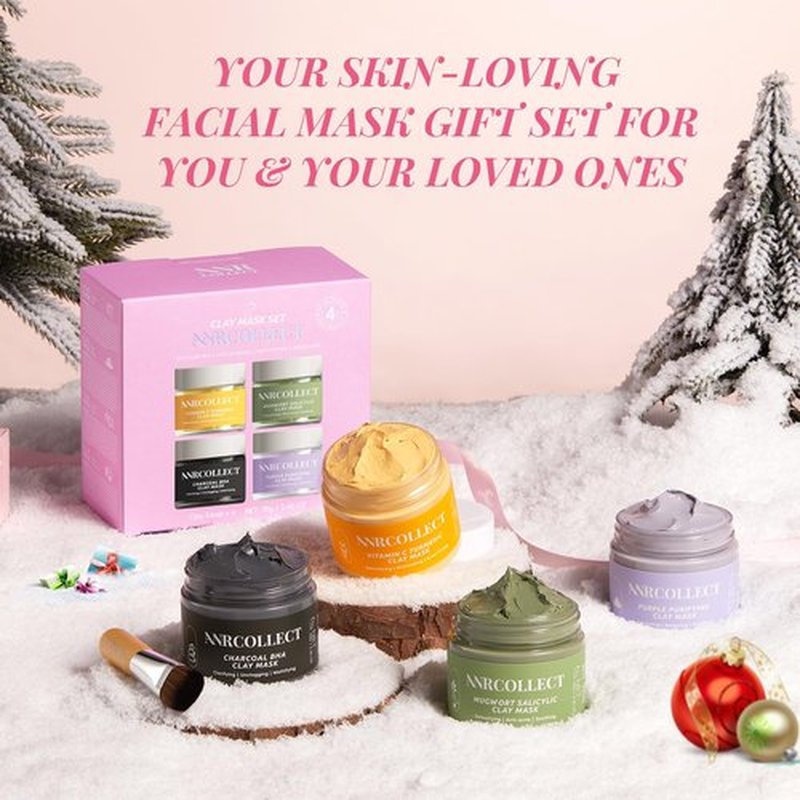 ANRCOLLECT Face Mask Set, 4Pcs Clay Mask, Face Masks Skin Care with Vitamin C, Charcoal, Mugwort and Purple Clay, Skincare Gift Set for Blackheads Refining Pores & Controling Oil, Facial Gift Kit