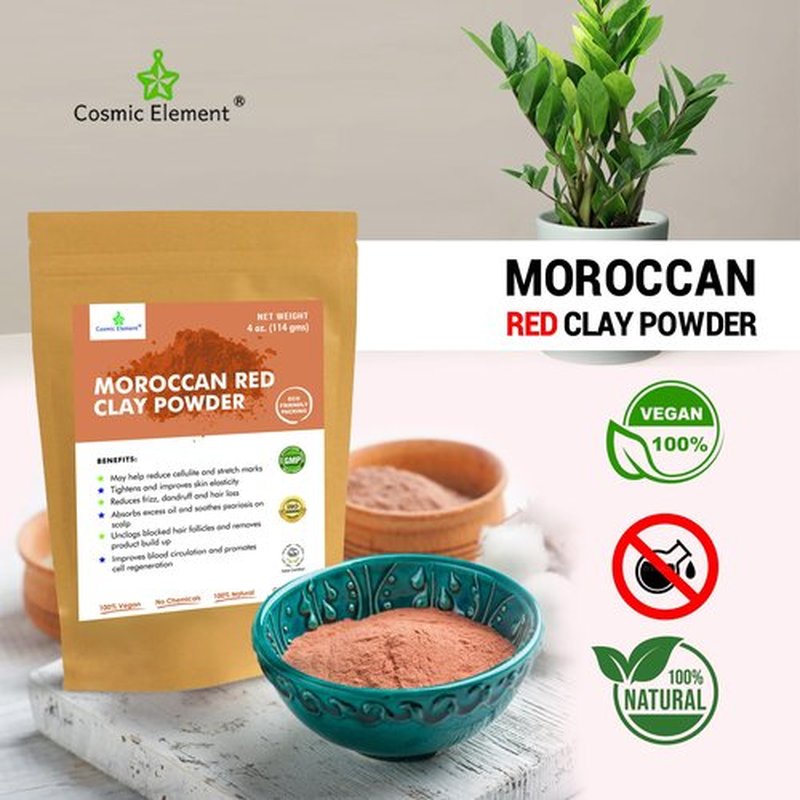 Cosmic Element Moroccan Red Clay Powder - Red Clay Powder for Skin | Suitable for Face, Body Wraps & Hair Care | Clay Mask for Face | Red Clay Masks, Wraps, Scrubs, Soaps, Bath Bombs & Detox – 4 oz