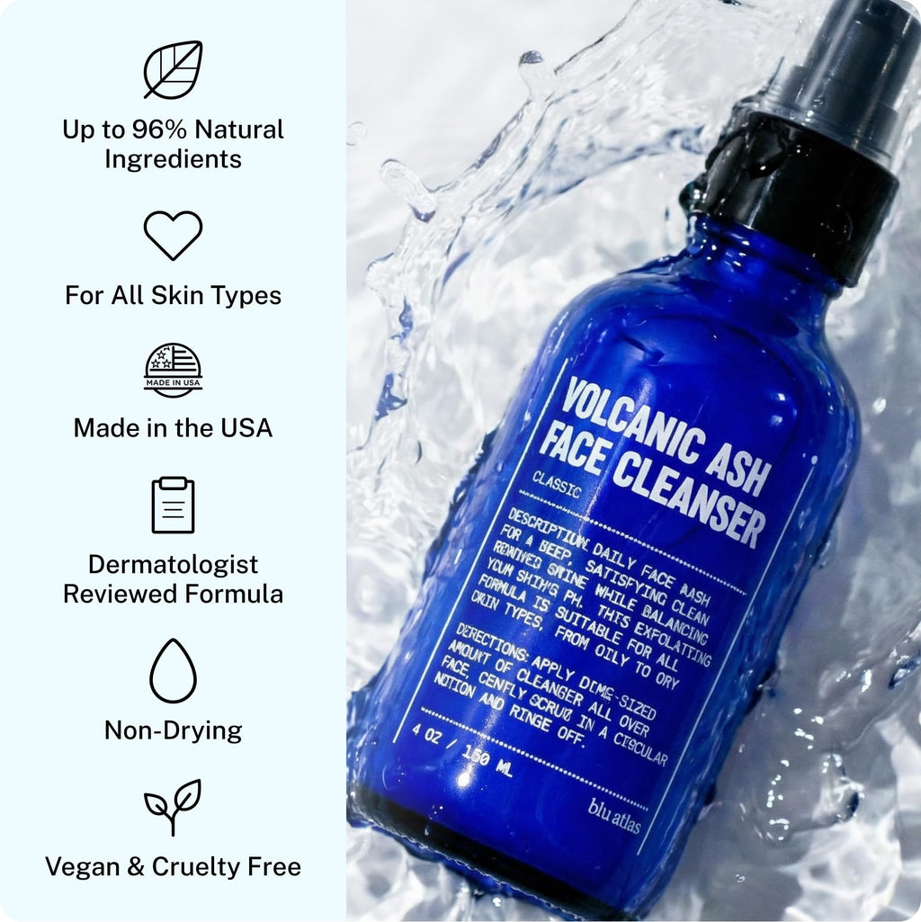 Blu Atlas Volcanic Ash Face Cleanser for Men with Vitamin C, Gentle Daily Exfoliating Facial Cleanser for Dry, Normal & Sensitive Skin – Fragrance Free, 4 oz