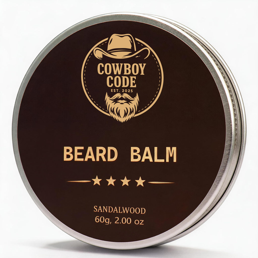Cowboy Code Beard Balm for Men - Sandalwood Beard Balm - Medium Hold Beard Butter Conditioner - Softens, Moisturizes & Tames Beard - Beeswax, Shea Butter, Argan & Jojoba Oil - 2 Oz Natural
