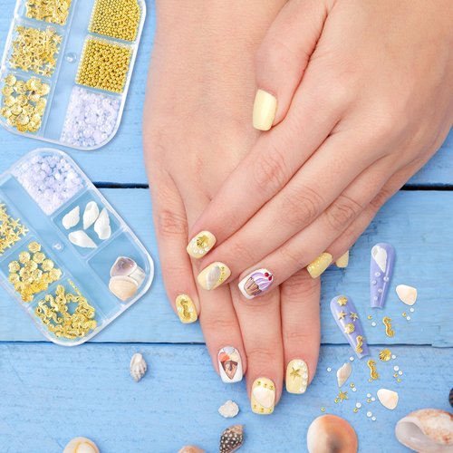 Pndeyo 2 Boxes Ocean Beach Nail Art Charms, Gold 3D Starfish Seashell Nail Decoration Gems, Flatback Pearl Sea Nail Art Accessories Embellishments for Manicure DIY Design- 8 Styles