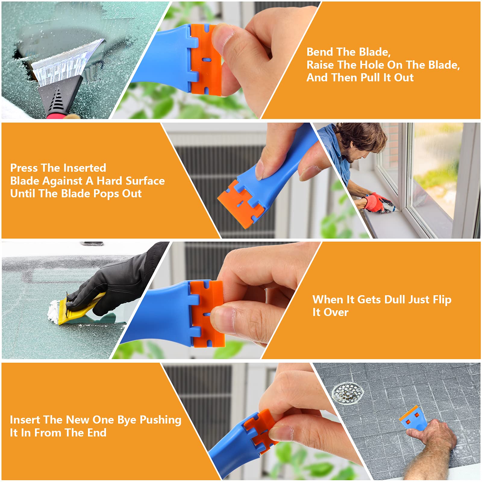 Honoson 300 Pieces Plastic Razor Blade Scraper Blades Plastic Scraper Tools Double Edge Razor Blades with a Tip Slot Edge Blades for Removing Decals, Stickers, Cleaning Window Glass (Orange)