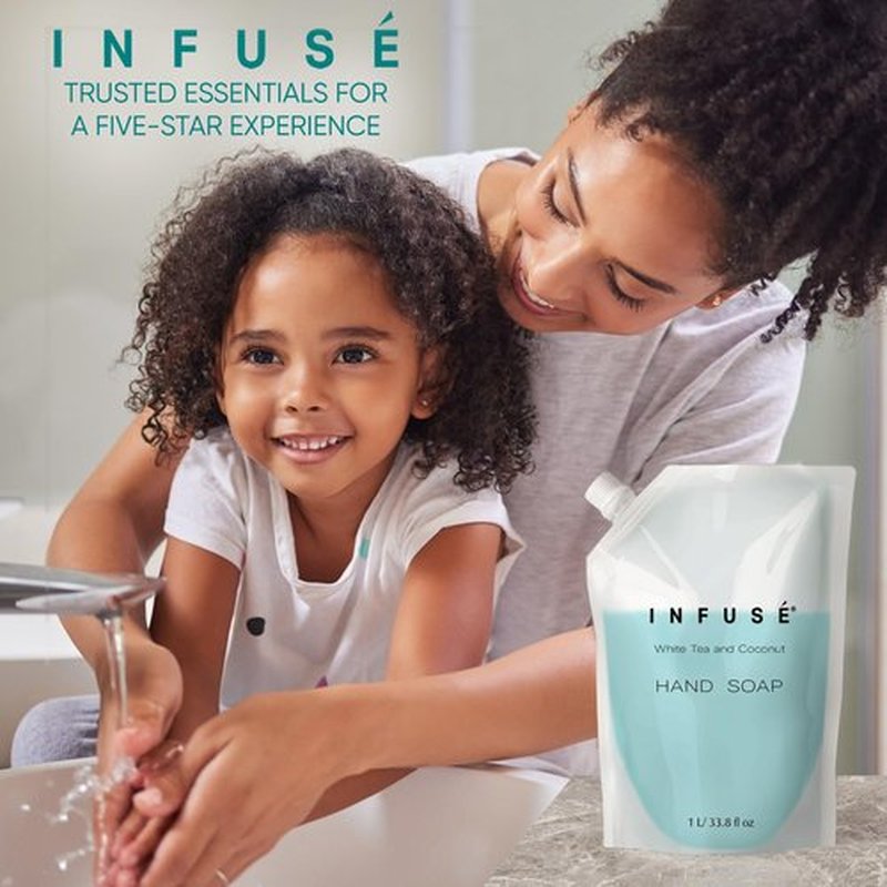 INFUSÉ 1 Liter Hand Wash Refill Bag For Soap Dispensers | Bulk Toiletries for Vacation Rentals, and Home Bathroom Showers | White Tea and Coconut | Single