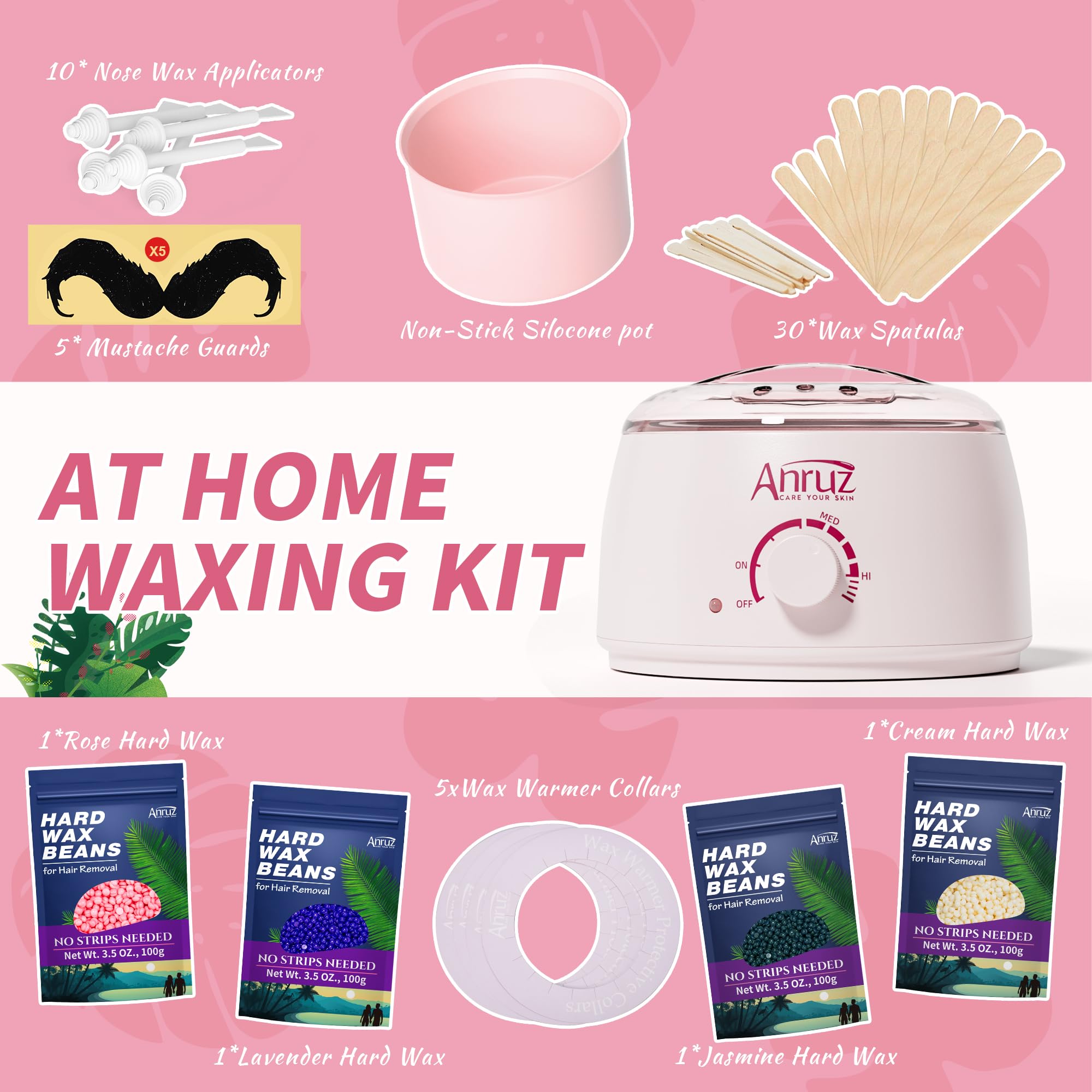 Anruz Waxing Kit for Women Men, 500ML Wax Warmer Kit with Silicone Bowl, 4 Bags Hard Wax Beads and 40 Sticks, Hair Removal Wax Kit for Brazilian Bikini, Face, Eyebrow, Nose, Sensitive Skin, Pink
