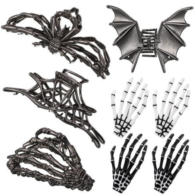 HairChrysm 8 PCS Gothic Hair Clips Set, 4 PCS Metal Spider Web Skeleton Hand Bat Claw Clips & 4 Skeleton Hand Bone Barrettes for Women Halloween Hair Accessories Punk Rock Dark Aesthetic Hair Pins