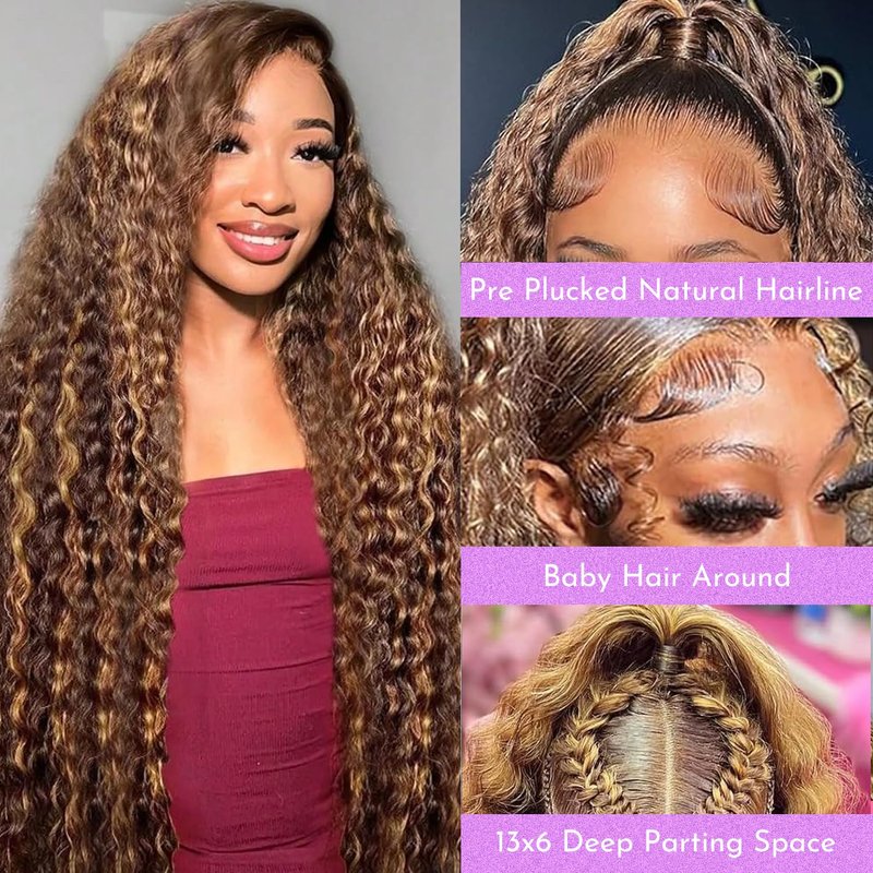 ZZMDS 26 Inch 13x6 4/27 Highlight Deep Wave Lace Front Wigs Human Hair 220 Density Ombre Colored HD Transparent Deep Curly Lace Frontal Wigs Pre Plucked with Baby Hair for Women