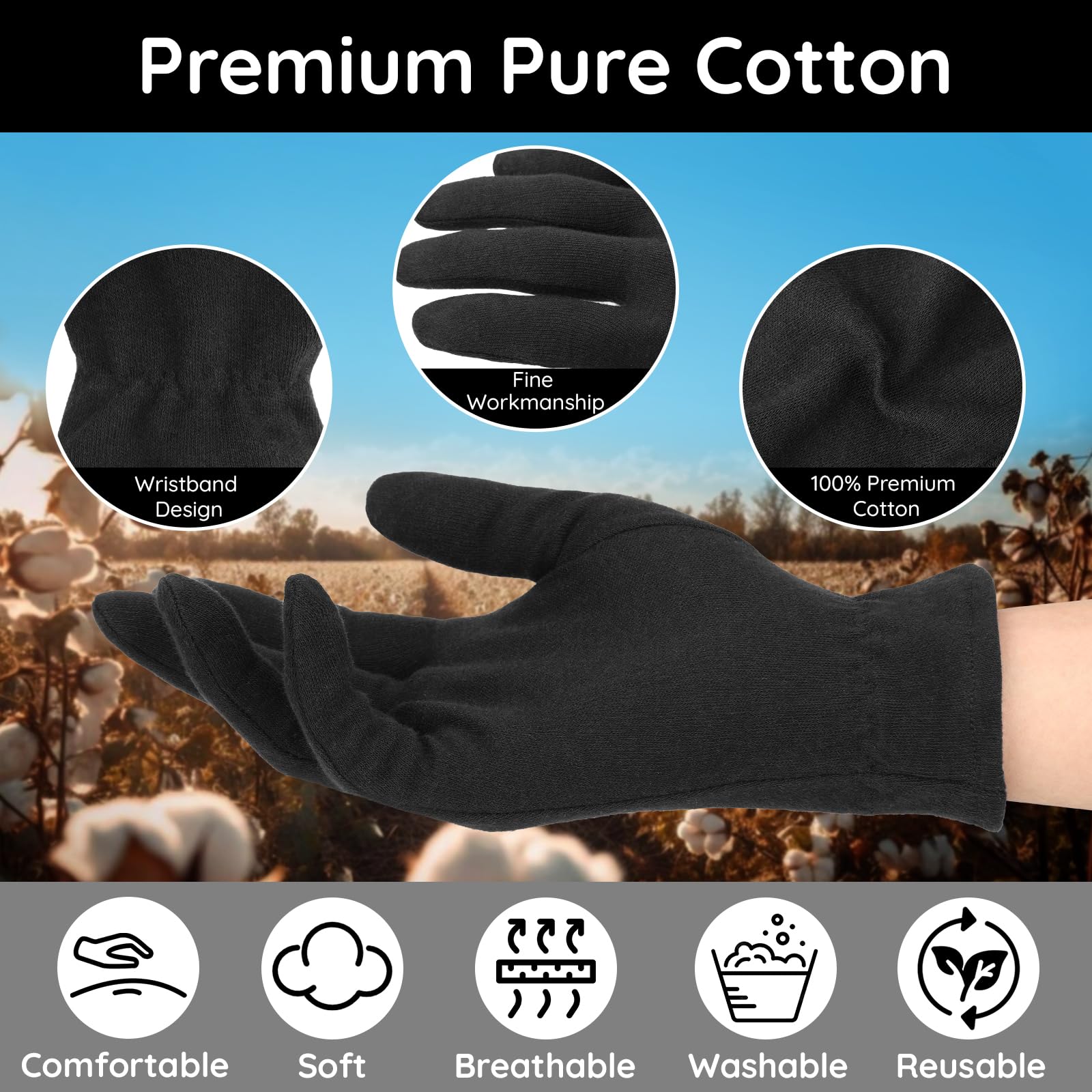 Segbeauty 24 Counts Elastic Black Cotton Gloves Work, 12 Pairs Moisture Lotion Cotton Gloves for Dry Hands Overnight with Elastic Band for Jewelry, At Home Spa Sleep Glove Soft Reusable Gel Glove Bulk