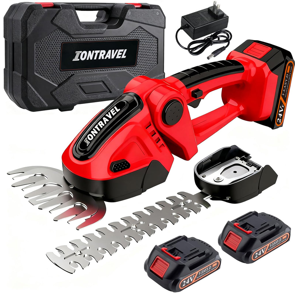 Cordless Hedge Trimmer-24V Electric Shrub Trimmer Grass Shears Handheld Grass Cutter, Hedge Shear with 2 PCS Rechargeable Battery, Charger and Toolbox to for Garden, Lawn, Red