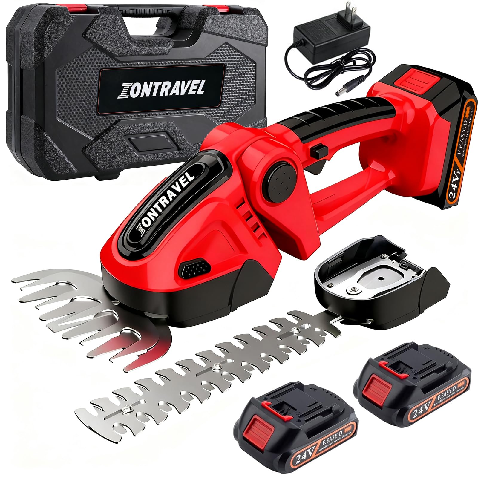 Cordless Hedge Trimmer-24V Electric Shrub Trimmer Grass Shears Handheld Grass Cutter, Hedge Shear with 2 PCS Rechargeable Battery, Charger and Toolbox to for Garden, Lawn, Red
