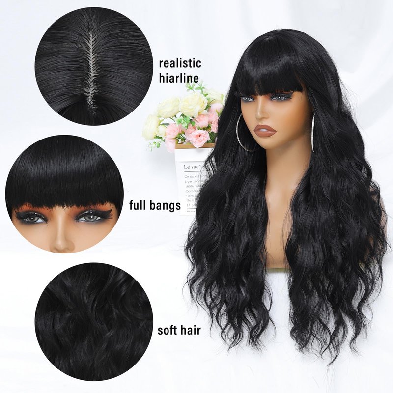 VOZIFAXIU Black Wig with Bangs for Women 26 Inch Long Wavy Black Wigs Synthetic Heat Resistant Wig for Daily Party Use
