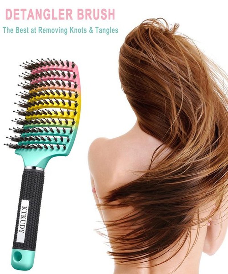 KTKUDY Detangling Brush Getting Knots Out without Pain - Boar Bristles HairBrush Make Hair Shiny & Healthier Vented Detangler Brush for Women Men Kids Wet and Dry Hair (Rainbow & Yellow-Purple)