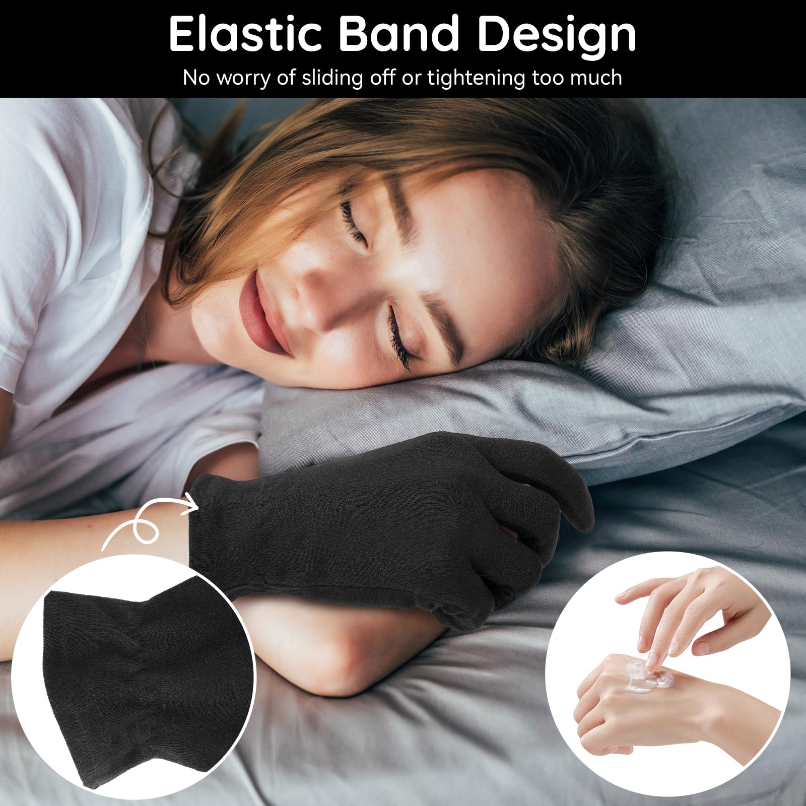 Segbeauty 24 Counts Elastic Black Cotton Gloves Work, 12 Pairs Moisture Lotion Cotton Gloves for Dry Hands Overnight with Elastic Band for Jewelry, At Home Spa Sleep Glove Soft Reusable Gel Glove Bulk