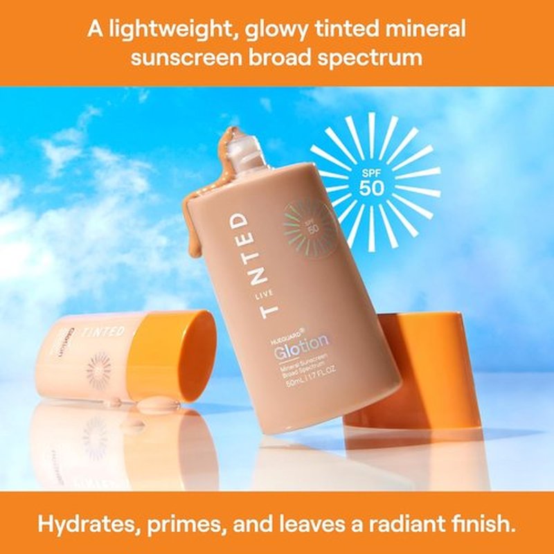 Live Tinted Hueguard Glotion Mineral Tinted Sunscreen SPF 50 - Lightweight, Hydrating & Brightening - Medium Deep, 0.5 FL Oz