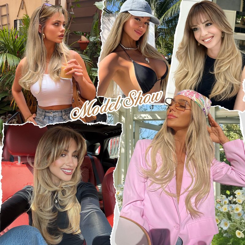 XIXIBI Blonde Wig with Bangs, 4x4 Realistic Scalp, Free Parting, Long Ombre Blonde Layered Wigs for Women, Realistic Natural Looking Heat Resistant Synthetic Wigs for Daily Party Cosplay Use 26Inch