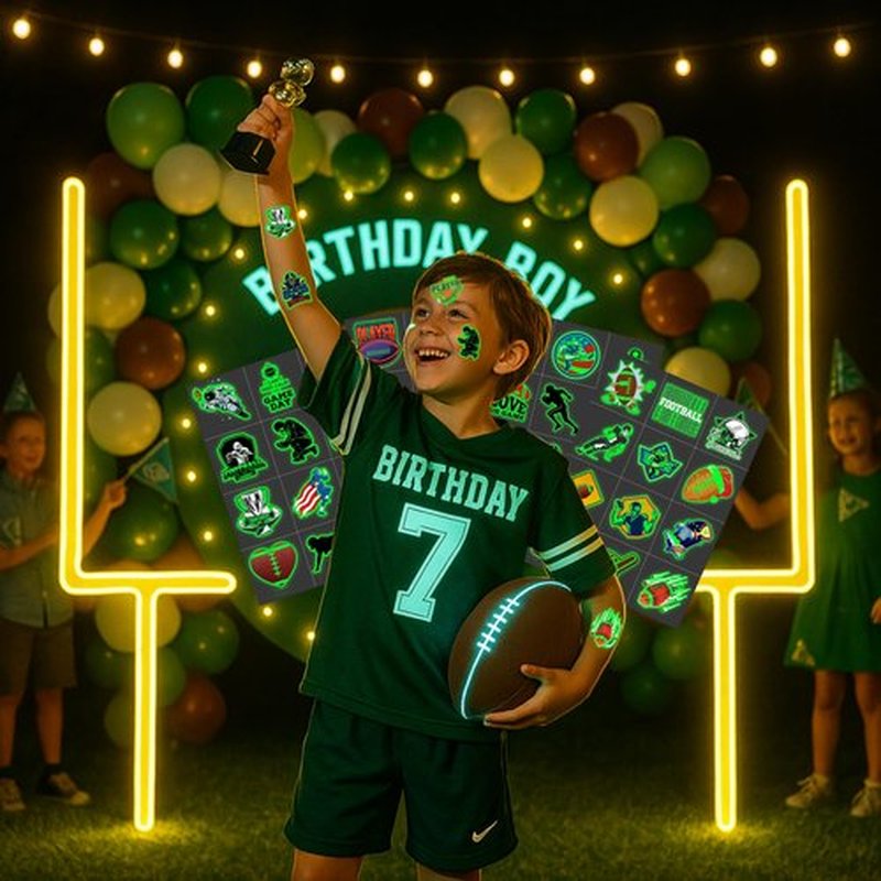 96PCS Football Pre-Cut Temporary Tattoos - Party Favors for Kids, Boys American Football Theme, Perfect for Birthday Parties, Classroom Prizes, Cheerleader & School Events Gifts (Glow in the Dark)