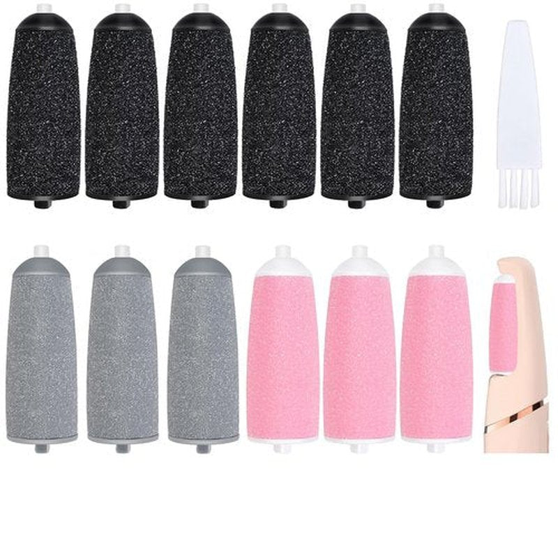 FWUNYVN 13 Pcs Replacement Roller Heads for Flawless Pedi, Suit for Finishing Touches Flawless Pedi Electric Foot File, 6 Pcs Black Coarse＆3 Pcs Gray Fine＆3 Pcs Pink Fine,1 Pc Cleaning Brush