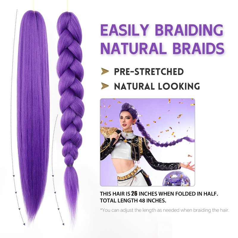 Xcrayto Long Purple Braiding Hair Pre Stretched 26Inch Synthetic DIY Braiding Hair Extensions For Braids 2 packs Purple Rumi Hair Extensions For Stage Party Halloween Costume Cosplay