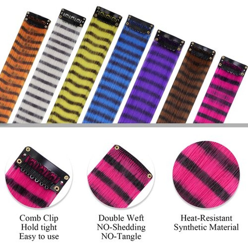 6 Pcs Pink Striped Hair Extensions Clip in Hairpiece 20 inch Synthetic Feather Scene Hair Extensions Long Straight Colorful Striped Hairpieces for Girl Women Cosplay Christmas Party Halloween Use