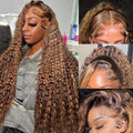 Juviso 26 Inch Honey Blonde Wig Human Hair Deep Wave 13x6 HD Ombre Lace Front Wigs P4/27 Highlight Curly Human Hair Wig 200 Density Pre Plucked Human Hair Frontal Wigs for Women