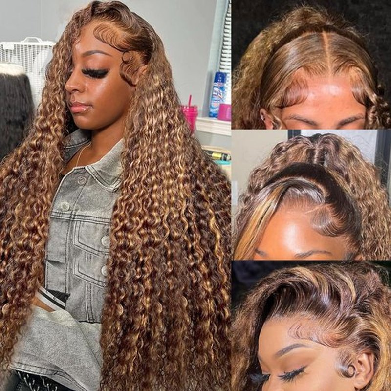 Juviso 26 Inch Honey Blonde Wig Human Hair Deep Wave 13x6 HD Ombre Lace Front Wigs P4/27 Highlight Curly Human Hair Wig 200 Density Pre Plucked Human Hair Frontal Wigs for Women