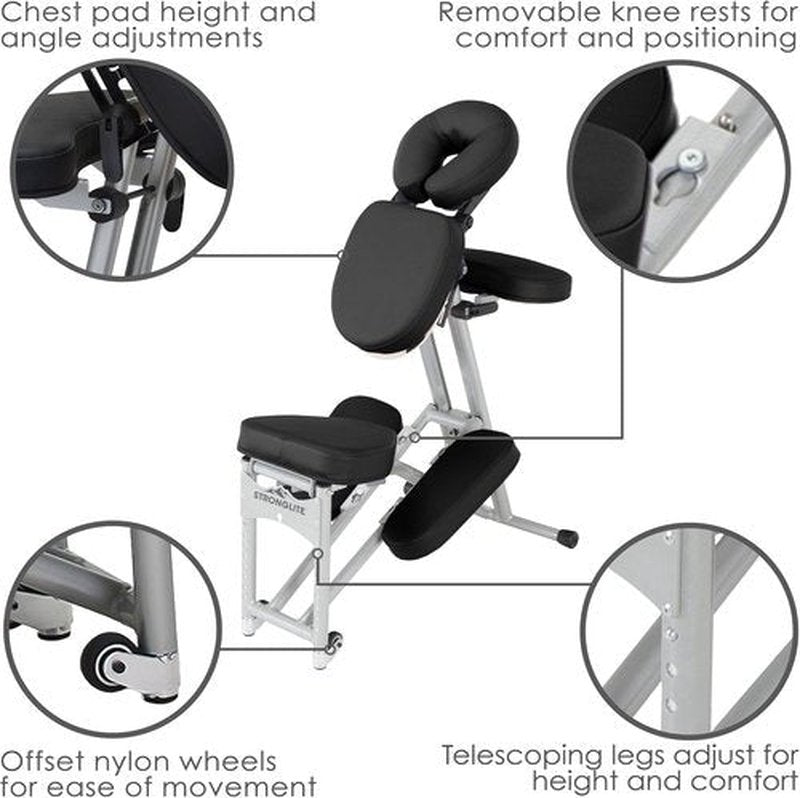 Stronglite Portable Massage Chair Ergo Pro II - Ultra-Lightweight, Foldable Spa Chair with Wheels & Carry Case (600lbs Capacity) - Black