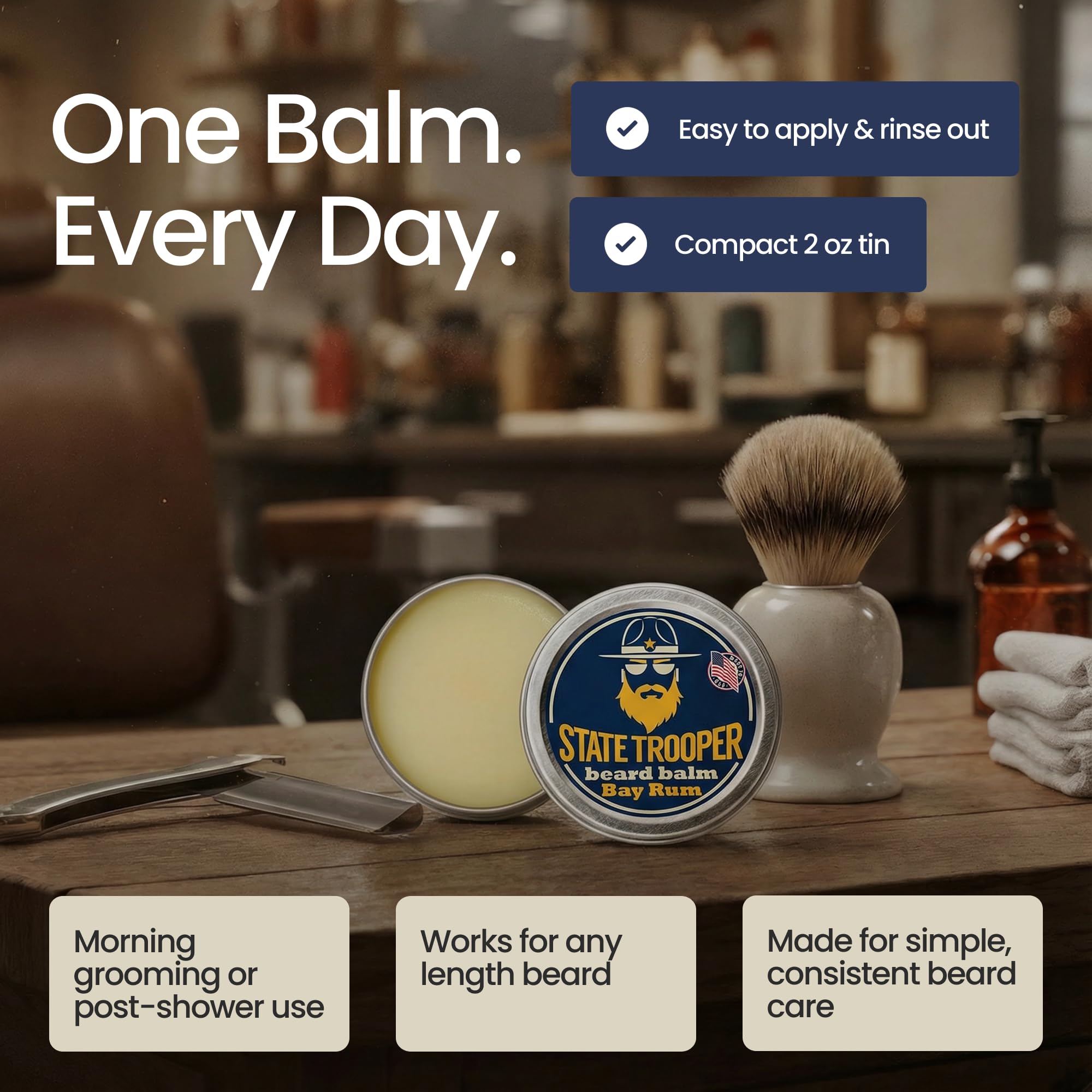 State Trooper Beard Balm (2 oz Tin) – All Natural Leave-In Beard Conditioner & Softener for Men – Bay Rum – Infused with Shea Butter, Argan & Jojoba Oils for Healthy, Tamed Beards