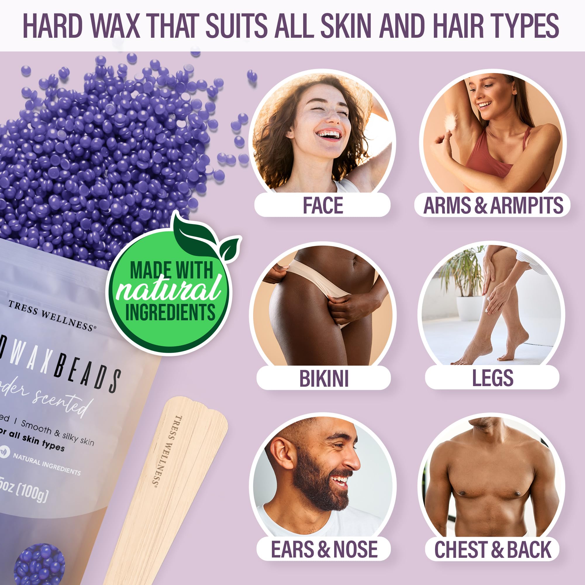 Tress Wellness Award Winning Waxing Kit for Sensitive Skin – Safe for Face & Skin, Easy to Use – At-Home Kit for Face, Bikini, Brazilian & Full Body - Digital Display, Misty Lilac